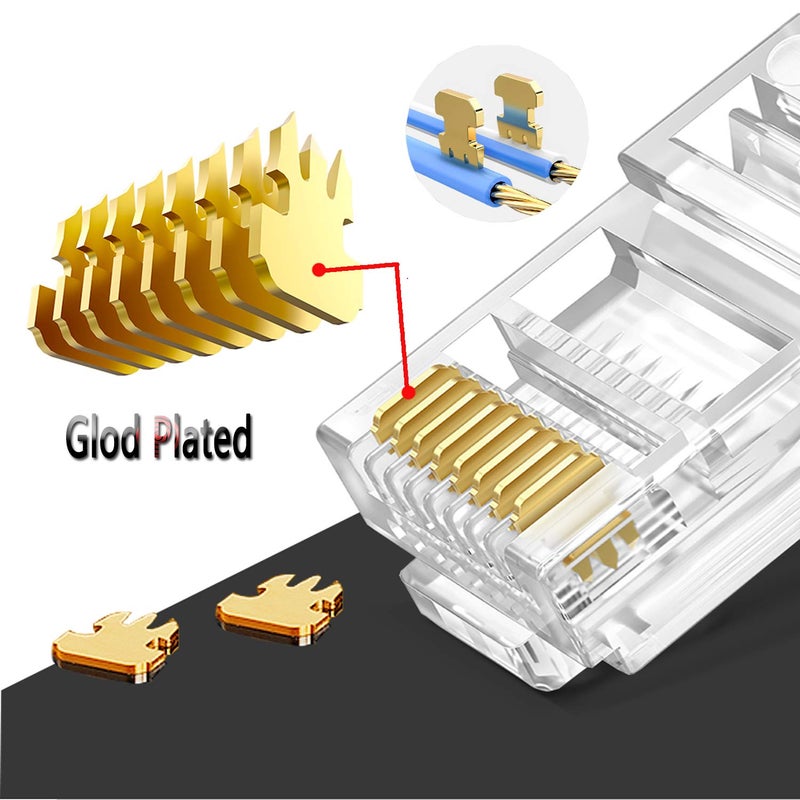 PETECHTOOL RJ45 Cat6 Pass Through Connectors Gold Plated 8P8C Ends and Blue Strain Relief Boots for CAT6 RJ45 Ethernet Network Cable Connector Plug Cover 100/100 (200 Packs Total) - Image 2
